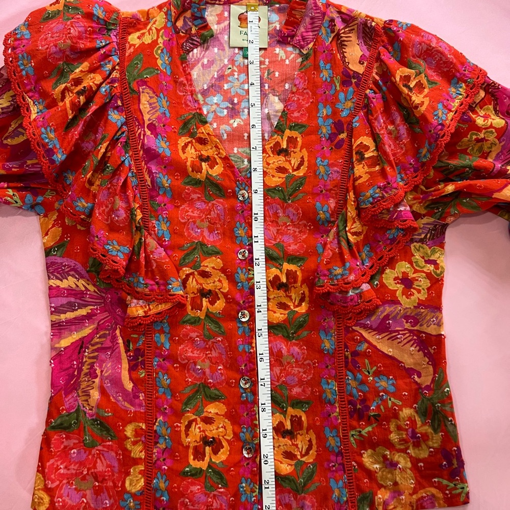 FARM Rio Spring Red Banana Blouse Ruffle-Trim Size XS - Picture 8 of 10